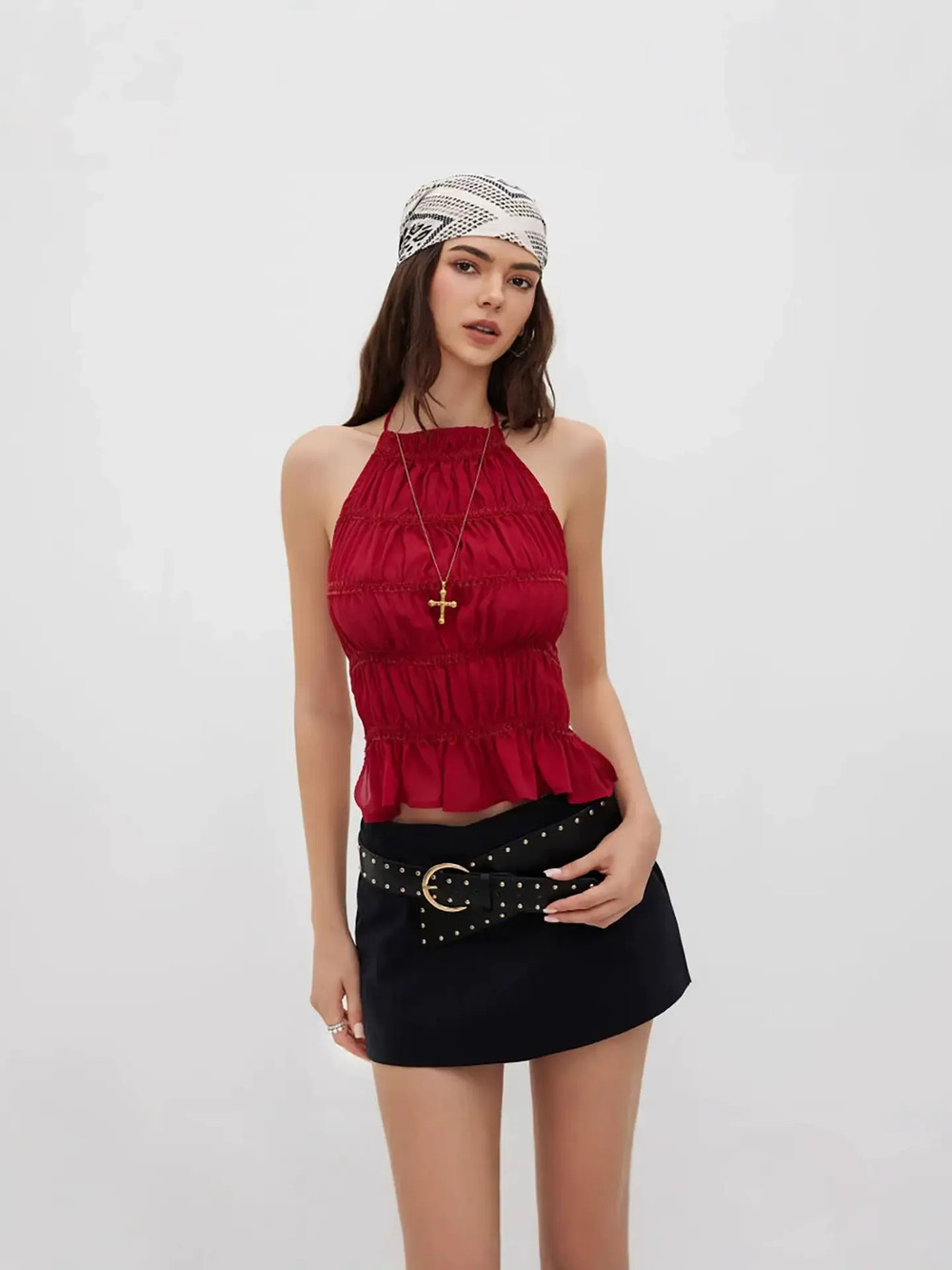 Zara Solid Color Ruffle Halter Backless Lace Up Summer Top - Picture 4 of 7